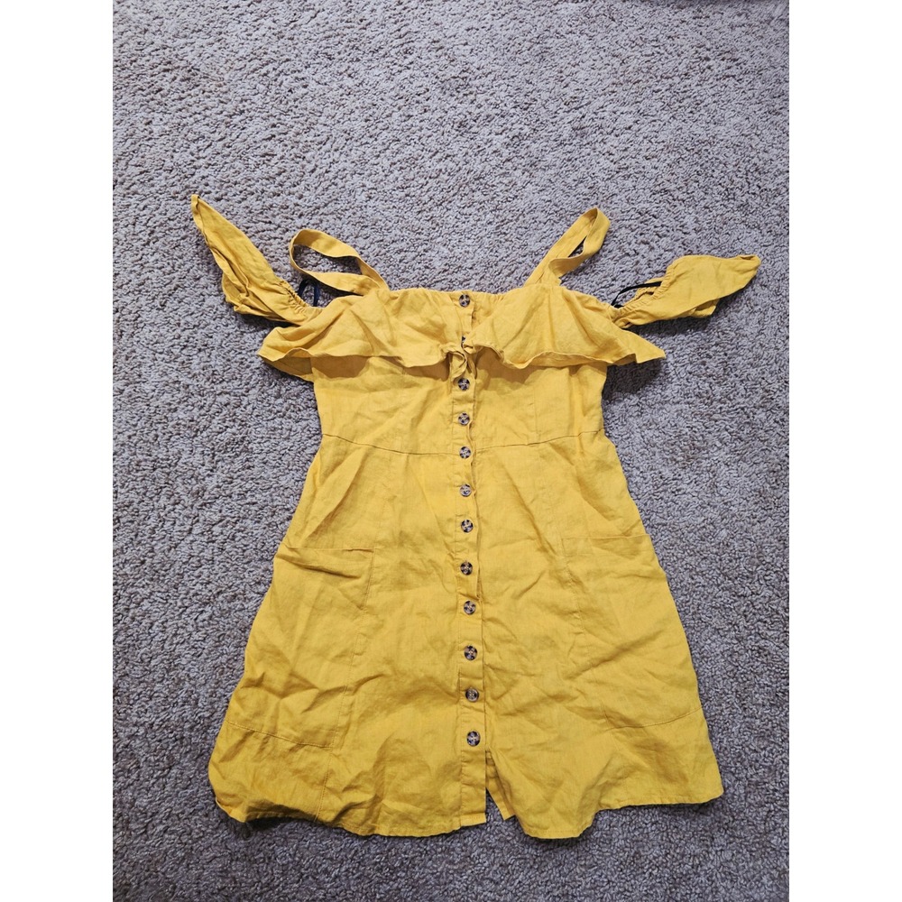Forever 21 Mustard Yellow 100% Linen Cold Shoulder Ruffle Mini Dress Medium - Picture 7 of 11